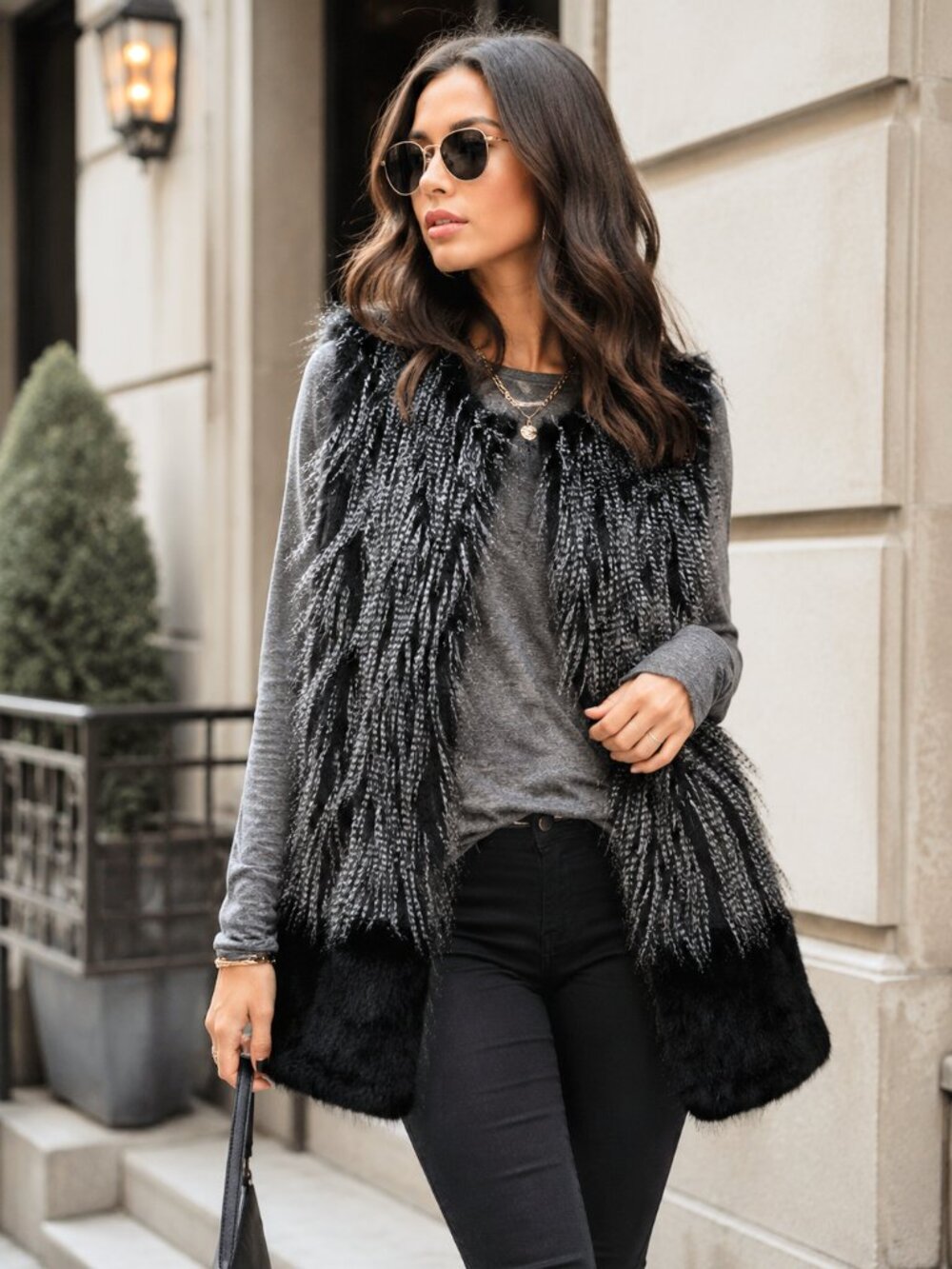 Nostalgia Brand Black Gray Shaggy Faux Fur Vest, Boho Luxe Longline Statement - Picture 3 of 6